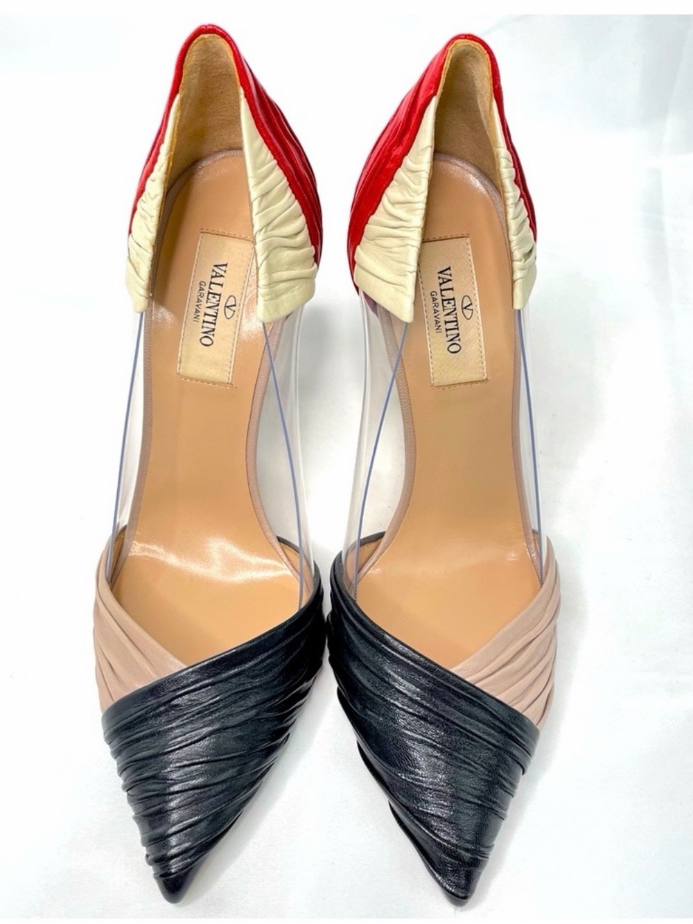 Valentino Multicolor Pointed Toe Pumps in Black, Beige & Red